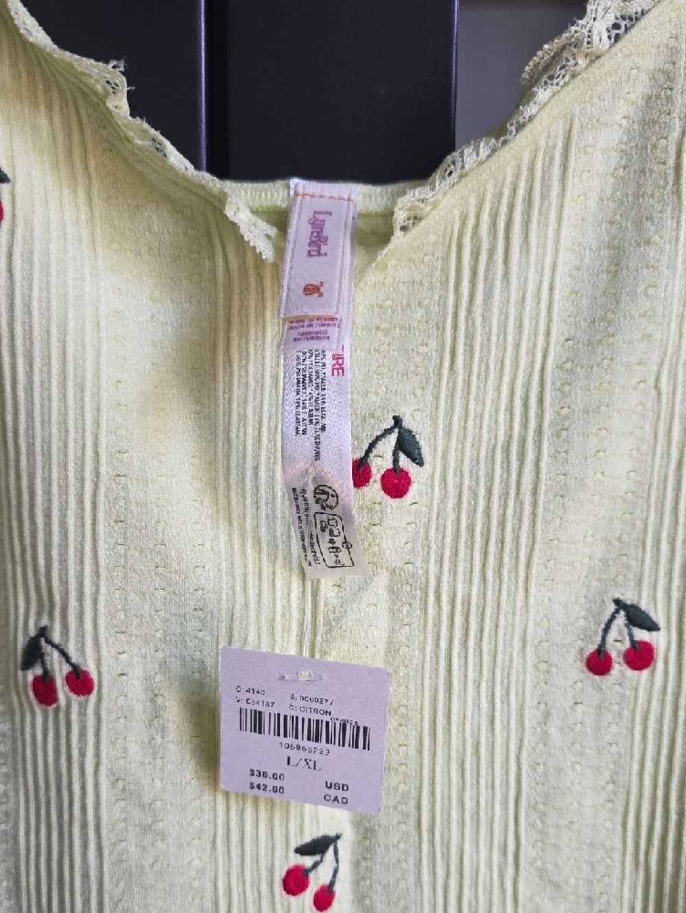 LyreBird Embroidered Pointelle Pale Yellow Ribbed Cami with Cherry Motif - Picture 6 of 6